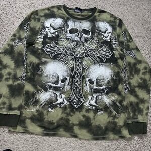 Vintage MMA Elite Thermal Long Sleeve Waffle Knit Skull Cross Tribal Mens XL Y2K